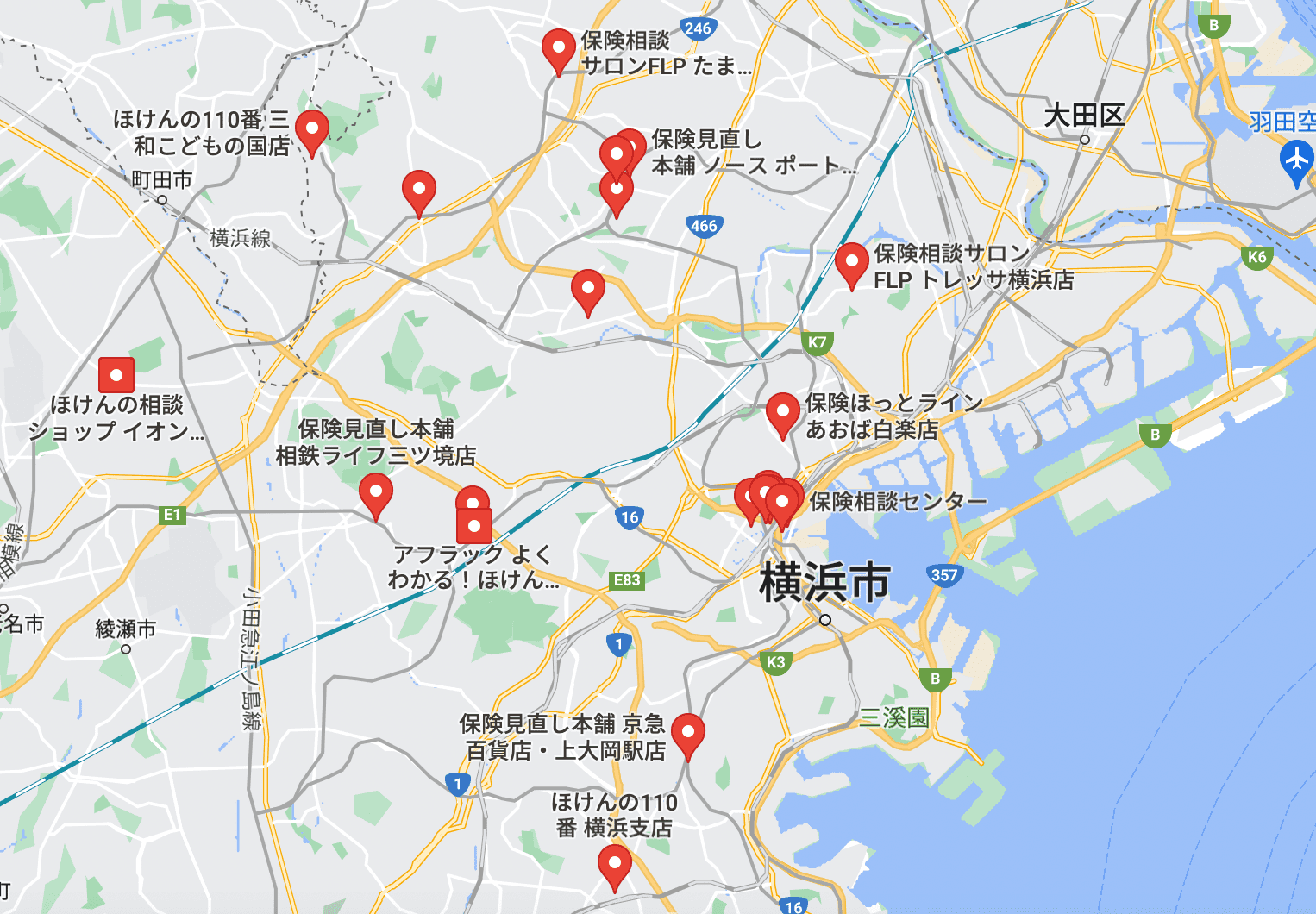 横浜駅の保険相談窓口のマップ