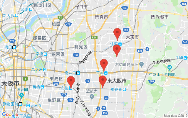東大阪の保険相談窓口のマップ